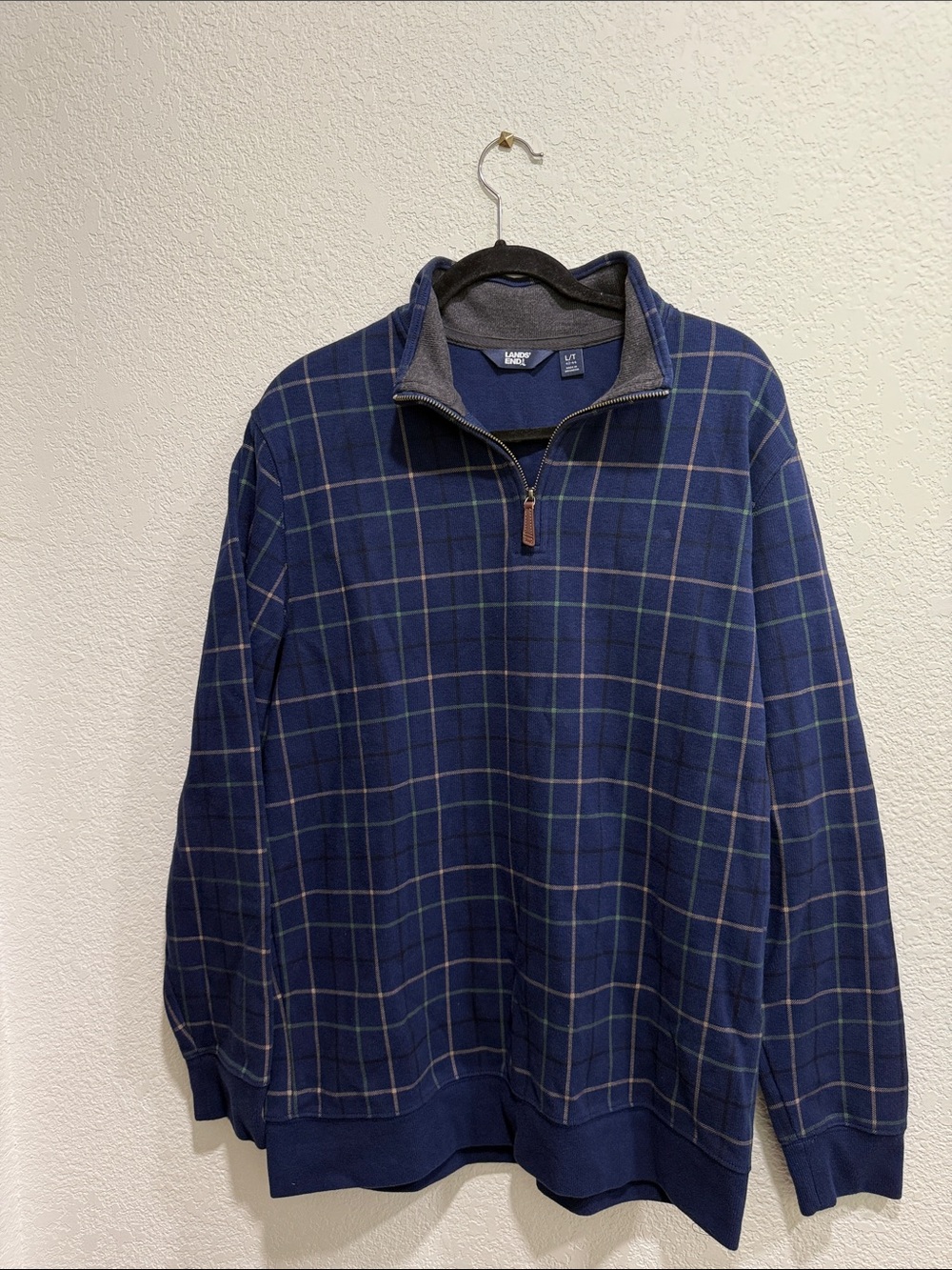 Lands' End Men's Navy and Green Plaid Quarter-Zip Sweater Sz L/T 42-44